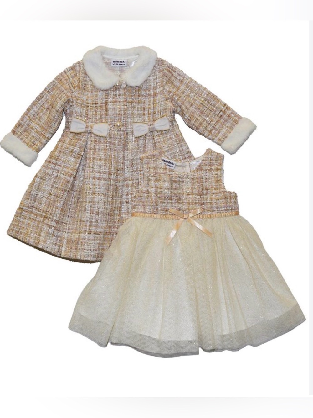 Tweed Coat & Sparkle Tulle Dress Set - Ivory and Gold